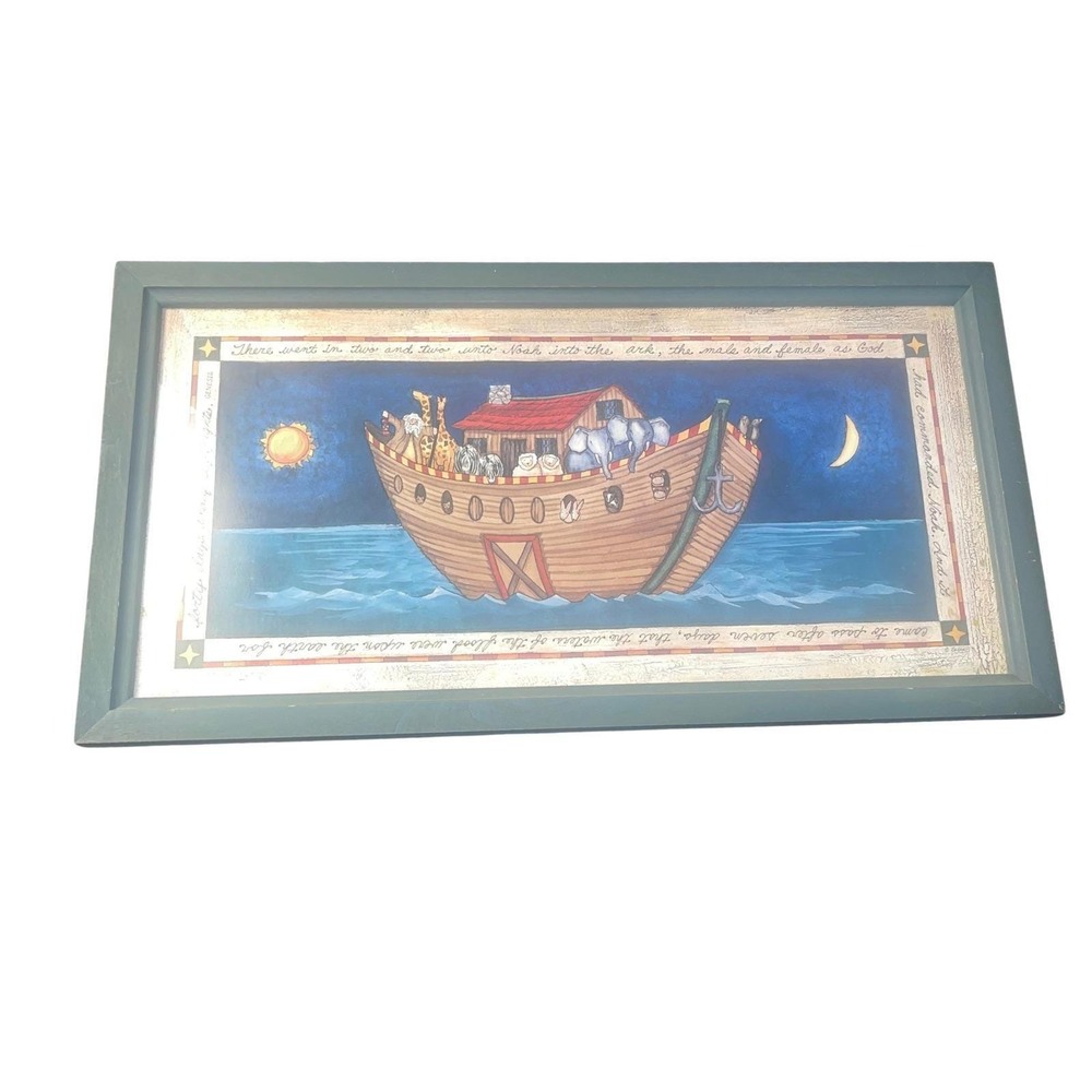 Vintage Noah's Ark Framed‎ Folk Art Biblical Wall Decor Nursery Christian Art